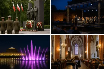 Wrocław 1 września 2025 – kolaż wydarzeń: uroczystości rocznicowe, koncert jazzowy na Bastionie Sakwowym, pokaz fontanny multimedialnej, koncert fortepianowy w Kościele św. Marii Magdaleny