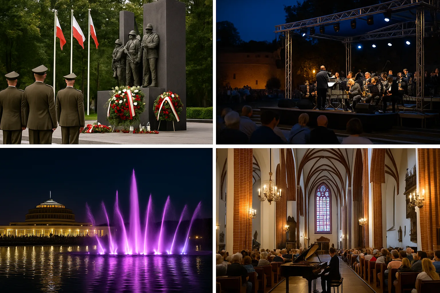Wrocław 1 września 2025 – kolaż wydarzeń: uroczystości rocznicowe, koncert jazzowy na Bastionie Sakwowym, pokaz fontanny multimedialnej, koncert fortepianowy w Kościele św. Marii Magdaleny