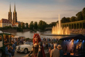 Wrocław weekend 22–24 sierpnia 2025 – kolaż wydarzeń: food trucki Gastro Miasto, cosplay z Dni Fantastyki, klasyczne auta MotoClassic, koncert na żywo, pokaz fontanny multimedialnej