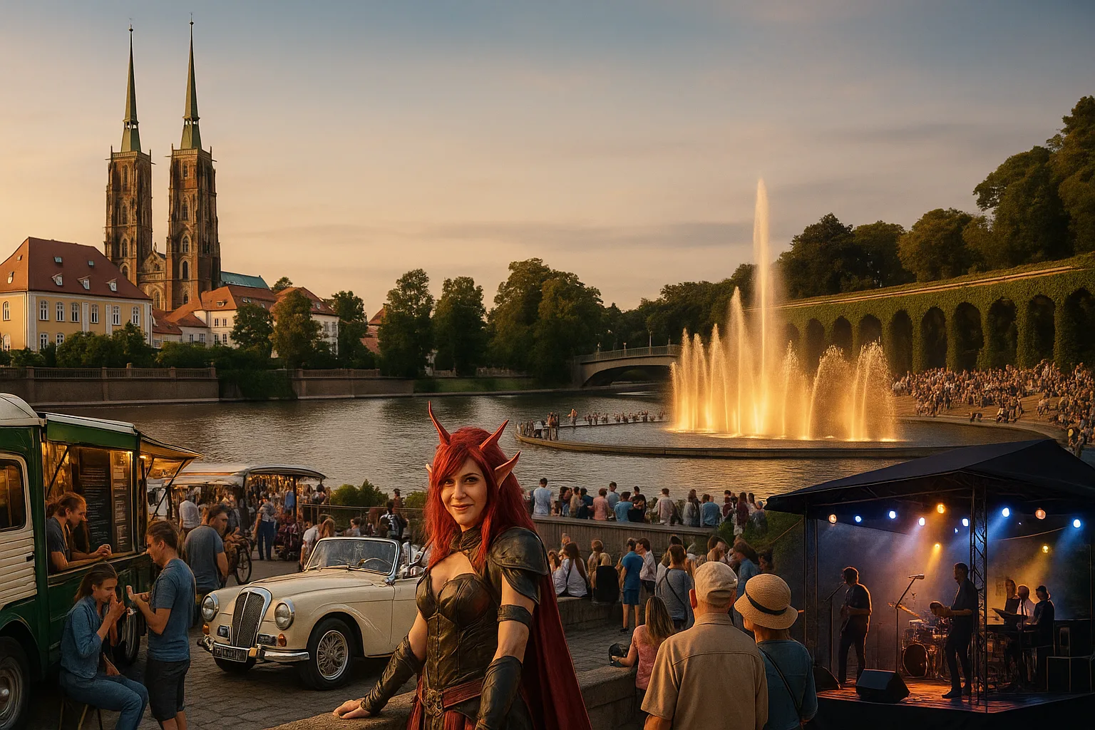 Wrocław weekend 22–24 sierpnia 2025 – kolaż wydarzeń: food trucki Gastro Miasto, cosplay z Dni Fantastyki, klasyczne auta MotoClassic, koncert na żywo, pokaz fontanny multimedialnej