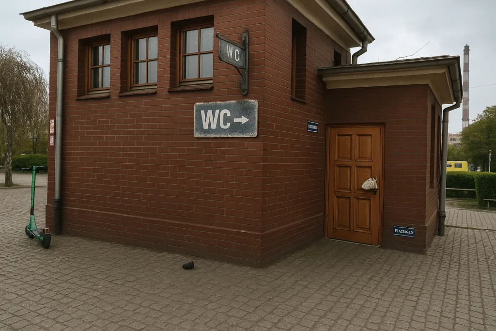 Toaleta publiczna we Wrocławiu przy placu Powstańców Wielkopolskich 5-6, budynek z czerwonej cegły z oznaczeniem WC i drewnianymi drzwiami