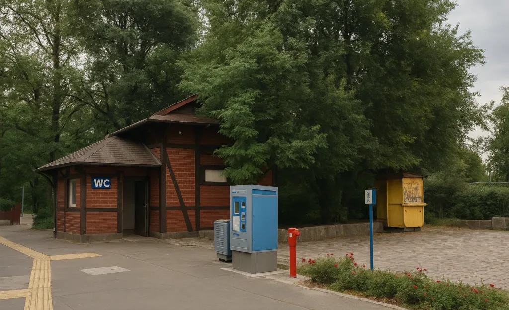 Toaleta publiczna na placu ks. Stanisława Staszica we Wrocławiu, budynek z czerwonej cegły w otoczeniu drzew