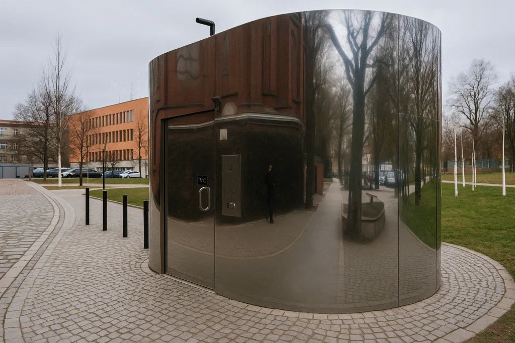 Nowoczesna toaleta publiczna o cylindrycznej, lustrzanej elewacji na skwerze Wrocławianek przy ul. Bernardyńskiej