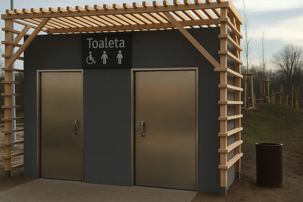 Nowoczesna toaleta publiczna z dwiema stalowymi drzwiami i drewnianą pergolą, zlokalizowana przy ul. Żabia Ścieżka we Wrocławiu