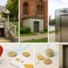 Toalety publiczne w centrum Wrocławia – wejście na Placu Solnym, szalet przy kościele, nowoczesna toaleta na bulwarze oraz drzwi z oznaczeniem WC; na dole mapa z pinezką i monetami (gotówka potrzebna).