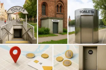 Toalety publiczne w centrum Wrocławia – wejście na Placu Solnym, szalet przy kościele, nowoczesna toaleta na bulwarze oraz drzwi z oznaczeniem WC; na dole mapa z pinezką i monetami (gotówka potrzebna).