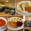 Kolaż przedstawiający bary mleczne we Wrocławiu – tradycyjne wnętrza, pierogi, kotlet schabowy i zupa pomidorowa