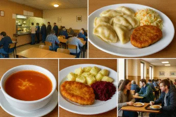 Kolaż przedstawiający bary mleczne we Wrocławiu – tradycyjne wnętrza, pierogi, kotlet schabowy i zupa pomidorowa