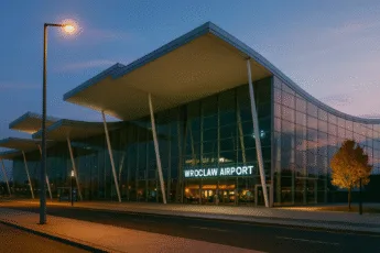 Wrocław Airport (WRO) zamknięte: pusty podjazd przed terminalem, jesienny wieczór, bez ludzi i logotypów