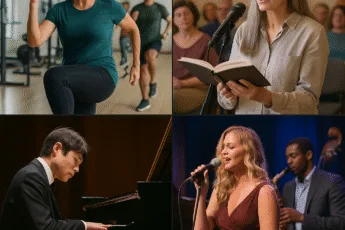 Kolorowy kolaż prezentujący wydarzenia we Wrocławiu 3 września 2025: zajęcia sportowe, spotkanie literackie, recital fortepianowy i koncert jazzowy
