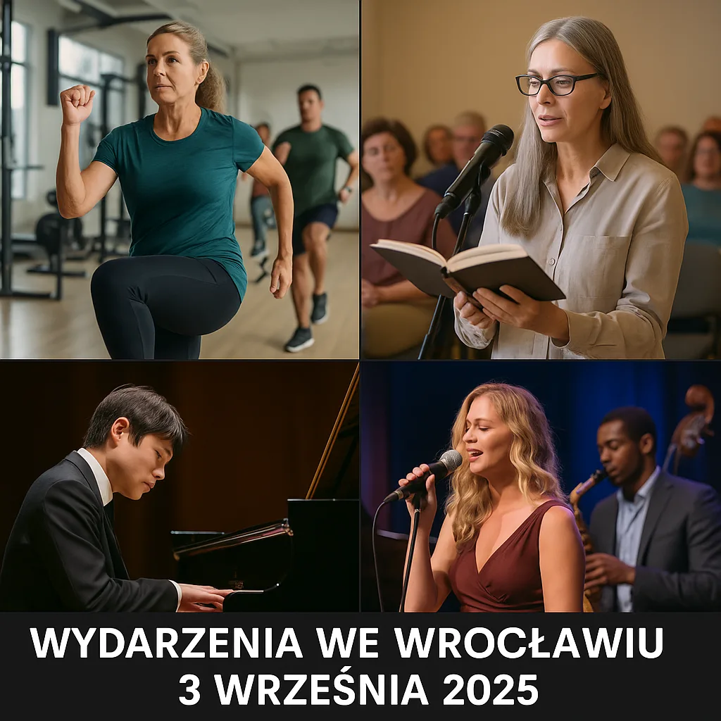 Kolorowy kolaż prezentujący wydarzenia we Wrocławiu 3 września 2025: zajęcia sportowe, spotkanie literackie, recital fortepianowy i koncert jazzowy