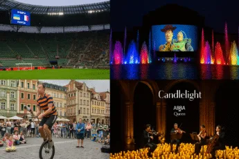 Wrocław 5 września 2025 – Tarczyński Arena, Fontanna Multimedialna Pixar przy Hali Stulecia, Busker Tour na Rynku i koncerty Candlelight