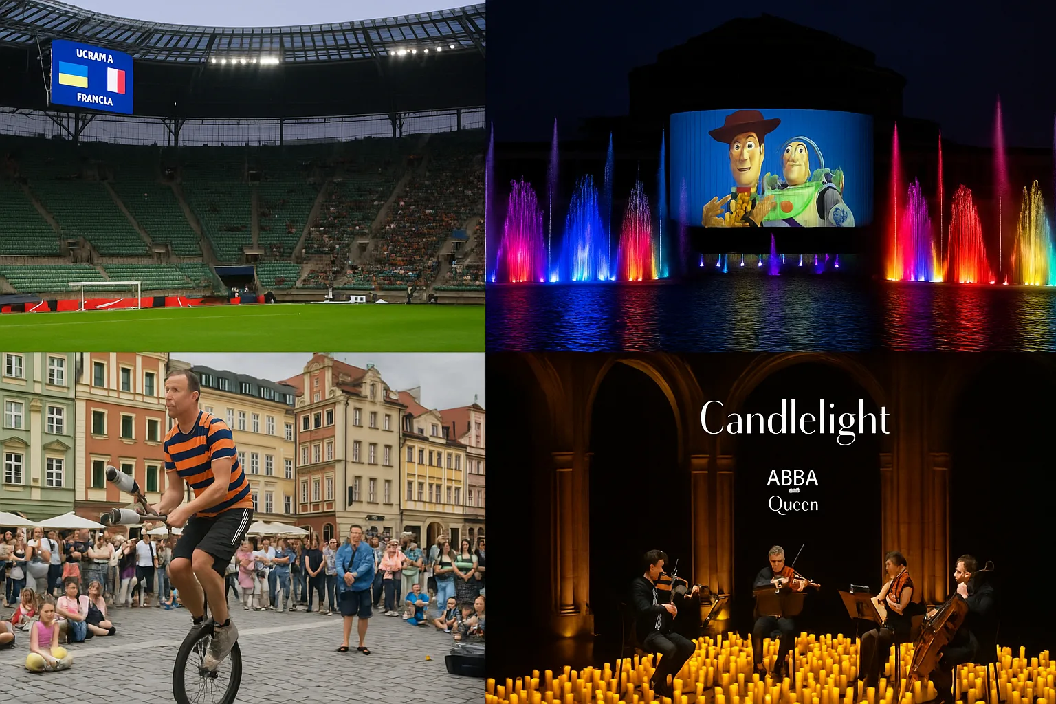 Wrocław 5 września 2025 – Tarczyński Arena, Fontanna Multimedialna Pixar przy Hali Stulecia, Busker Tour na Rynku i koncerty Candlelight
