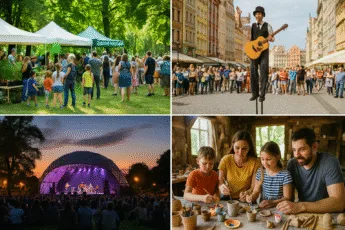 Wrocław 6–7 września 2025 – kolaż wydarzeń: festiwal piwa przy Hali Stulecia, artyści uliczni na Rynku, ekologiczny piknik w Parku Staszica, kino plenerowe i warsztaty rodzinne
