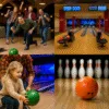 Kolorowy kolaż przedstawiający kręgle we Wrocławiu – grupa znajomych grających w bowling, nowoczesne tory w Sky Tower, dziecko z rodzicem toczące kulę oraz zbliżenie na kręgle i kulę bowlingową