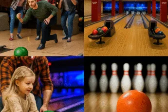 Kolorowy kolaż przedstawiający kręgle we Wrocławiu – grupa znajomych grających w bowling, nowoczesne tory w Sky Tower, dziecko z rodzicem toczące kulę oraz zbliżenie na kręgle i kulę bowlingową