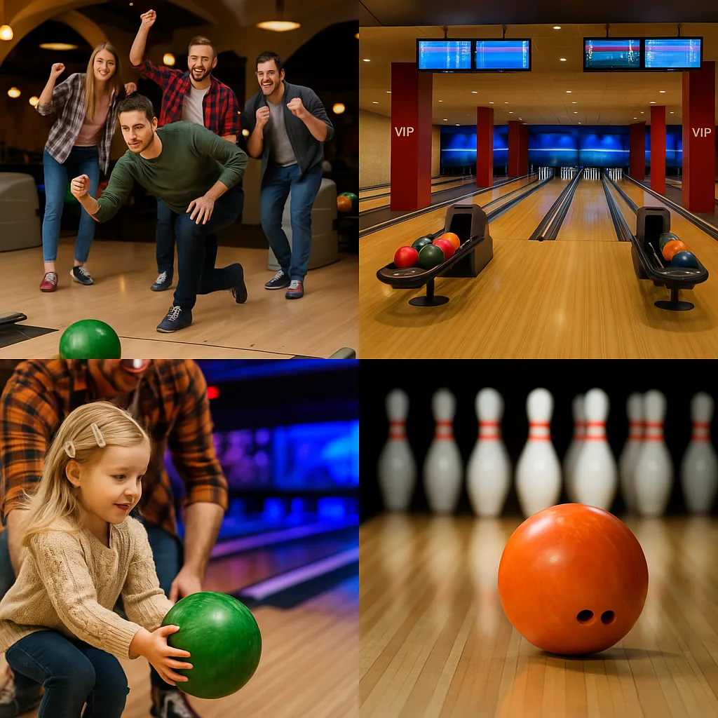 Kolorowy kolaż przedstawiający kręgle we Wrocławiu – grupa znajomych grających w bowling, nowoczesne tory w Sky Tower, dziecko z rodzicem toczące kulę oraz zbliżenie na kręgle i kulę bowlingową