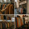Kolorowy kolaż wnętrz lumpeksów i second handów we Wrocławiu – wieszaki z ubraniami, półki z butami, styl vintage