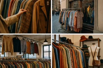 Kolorowy kolaż wnętrz lumpeksów i second handów we Wrocławiu – wieszaki z ubraniami, półki z butami, styl vintage