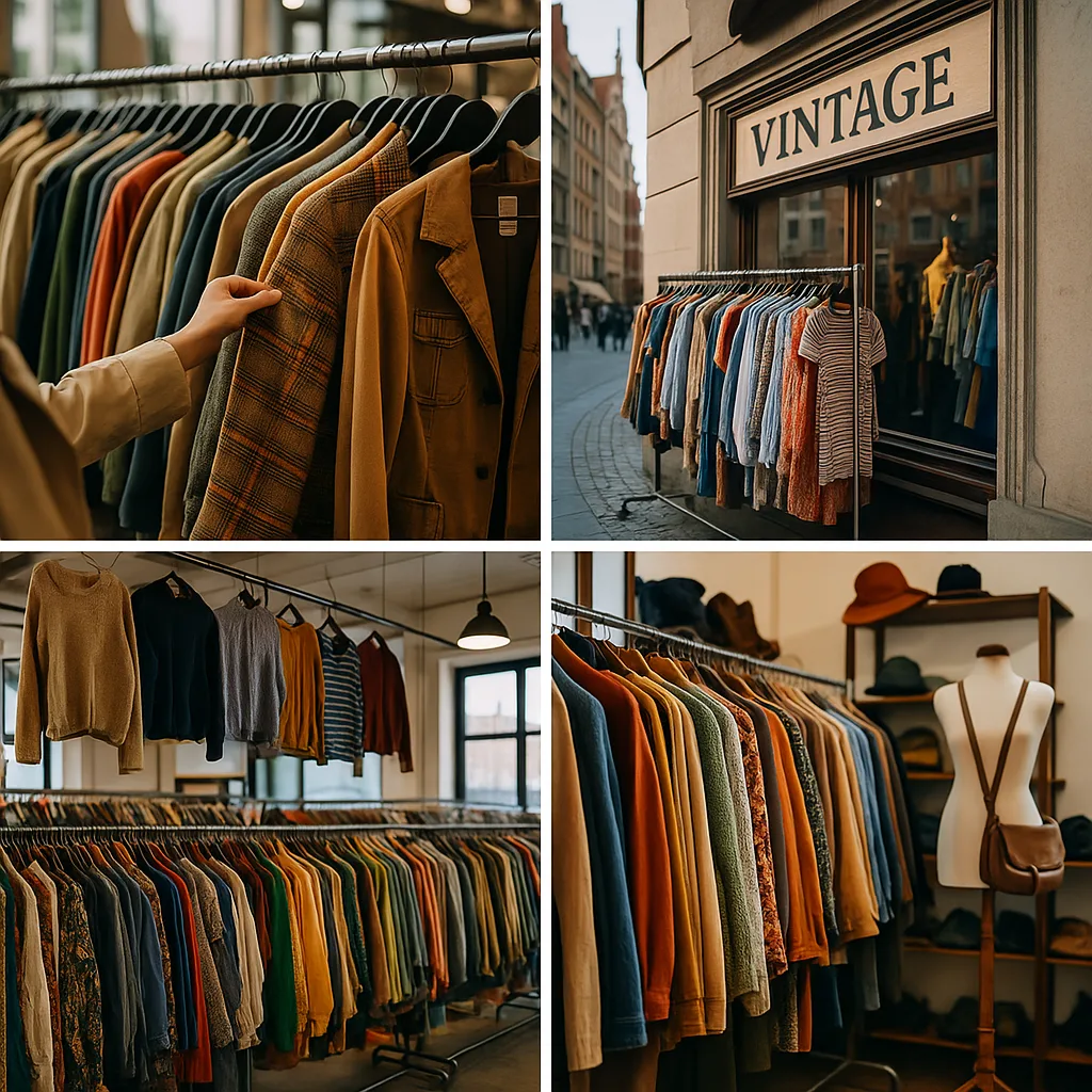 Kolorowy kolaż wnętrz lumpeksów i second handów we Wrocławiu – wieszaki z ubraniami, półki z butami, styl vintage