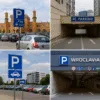 Parking przy Dworcu Głównym PKP i PKS we Wrocławiu – widok na budynek dworca, wjazdy podziemne i parking przy Wroclavii.