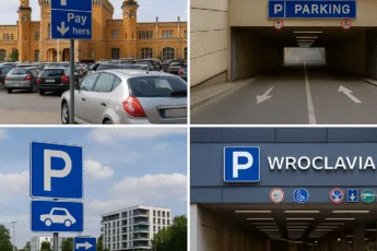 Parking przy Dworcu Głównym PKP i PKS we Wrocławiu – widok na budynek dworca, wjazdy podziemne i parking przy Wroclavii.