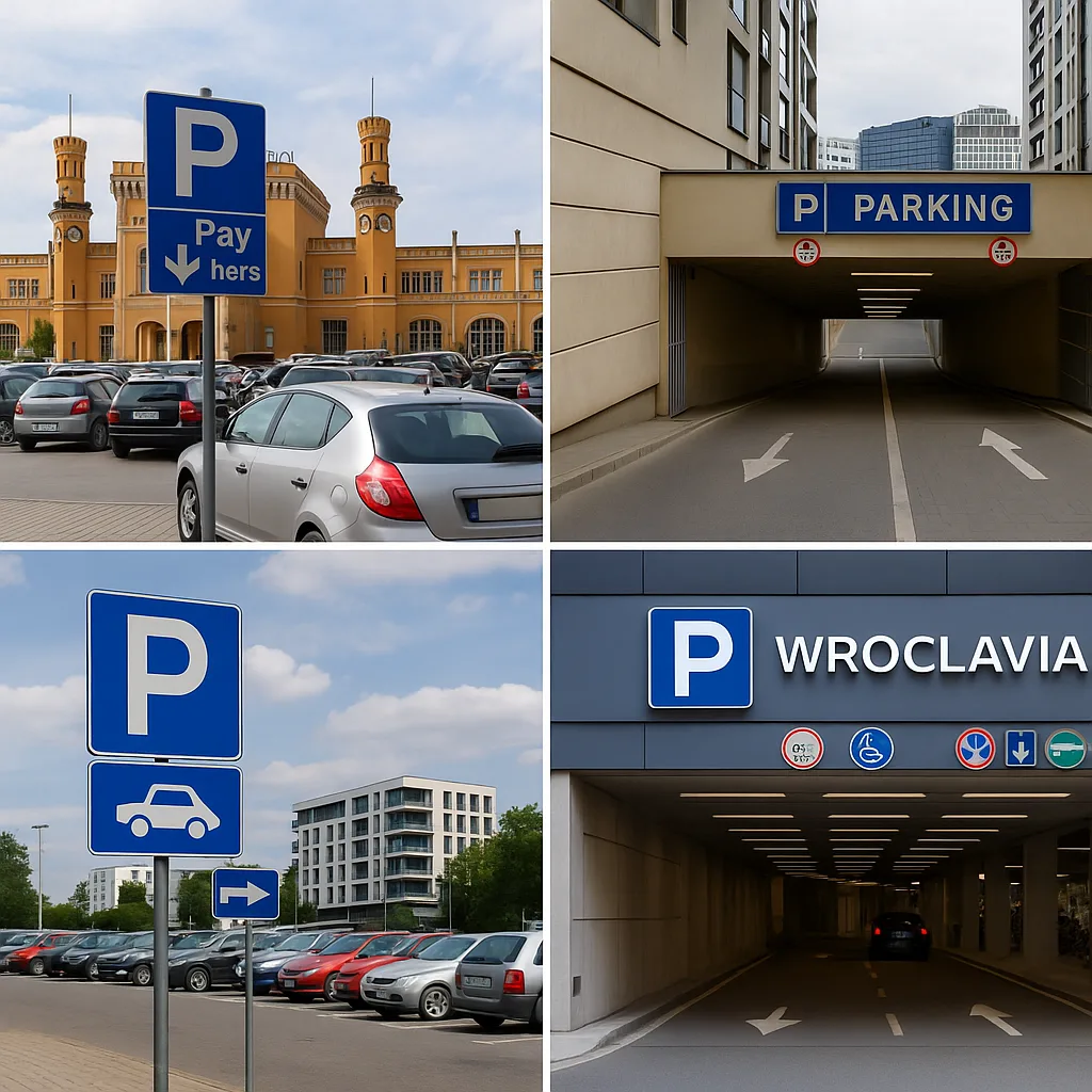 Parking przy Dworcu Głównym PKP i PKS we Wrocławiu – widok na budynek dworca, wjazdy podziemne i parking przy Wroclavii.