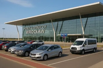 Parking przy Lotnisku Wrocław – widok terminala, samochodów i busa transferowego