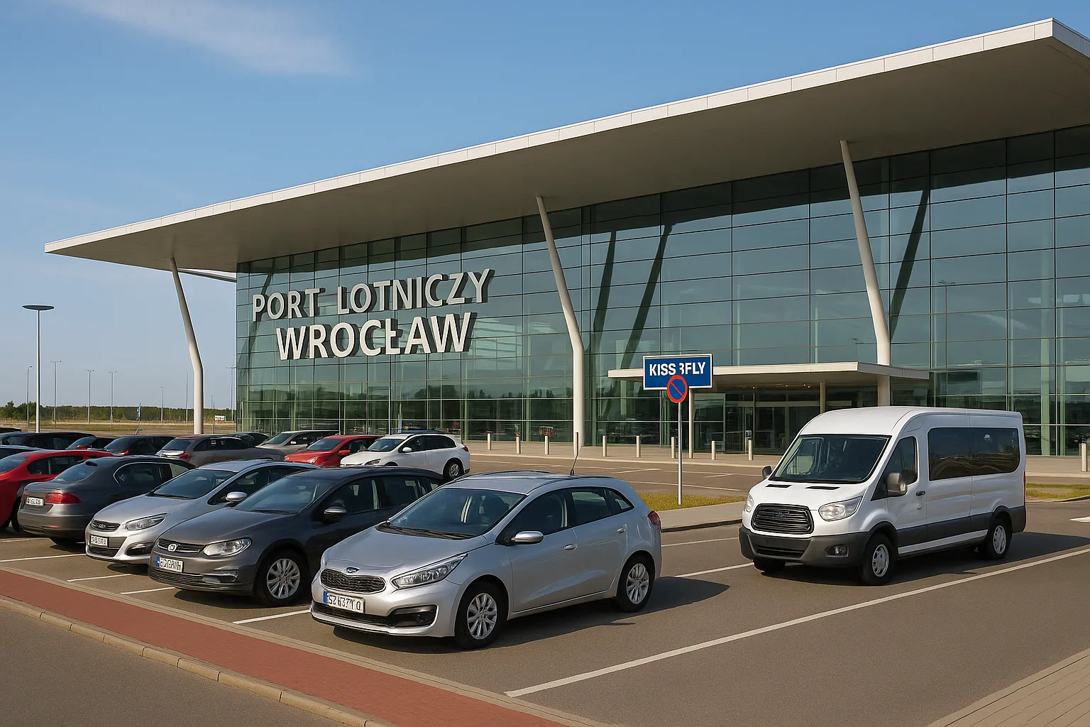 Parking przy Lotnisku Wrocław – widok terminala, samochodów i busa transferowego