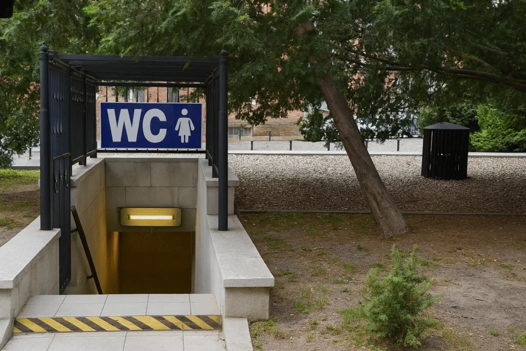 Wejście do toalety publicznej we Wrocławiu przy ul. Wita Stwosza 43, zejście schodami pod ziemię z oznaczeniem WC