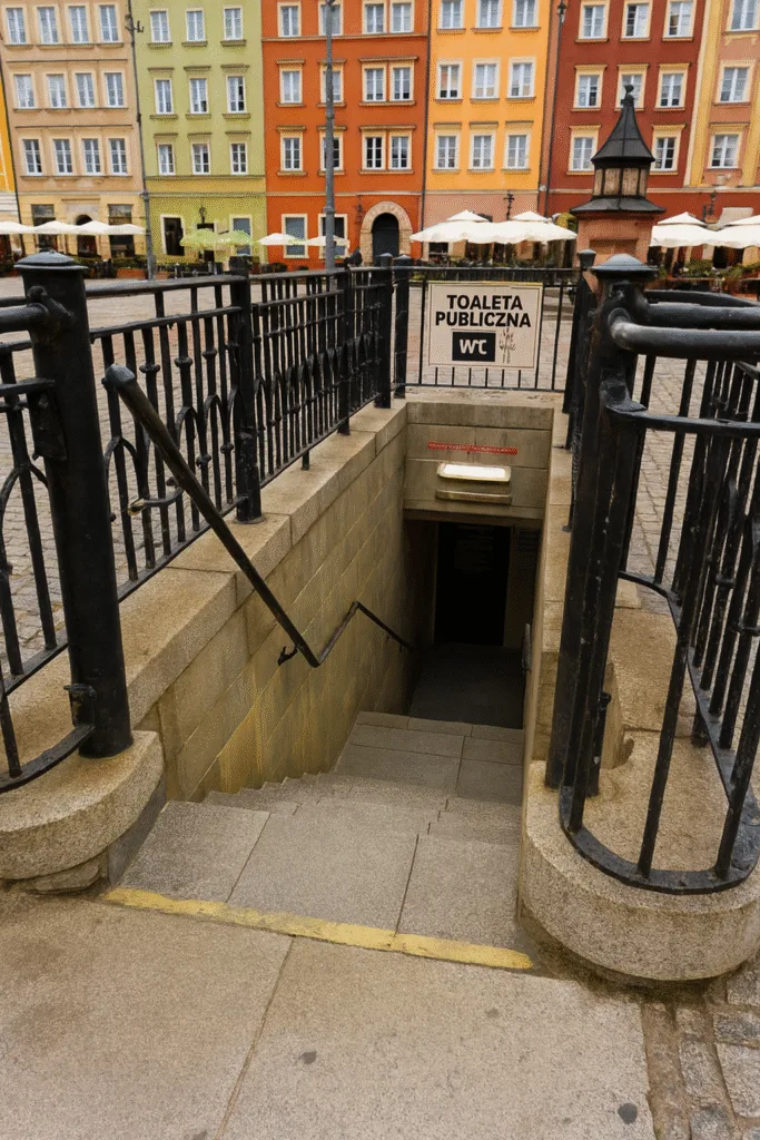 Wejście do toalety publicznej na Placu Solnym we Wrocławiu, zejście po schodach w dół z żeliwną balustradą