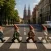 Krasnale Wrocław przechodzą przez przejście dla pieszych w stylu Abbey Road, ulica w centrum miasta, charakterystyczna zabudowa i samochód w tle