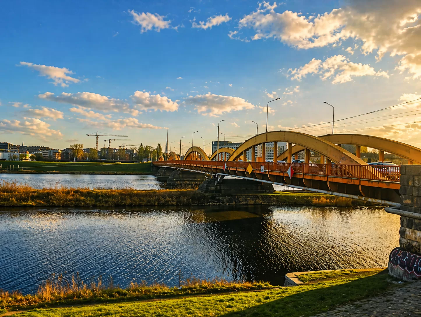 Mosty Trzebnickie we Wrocławiu nad Odrą – łukowa konstrukcja mostu i widok na rzekę