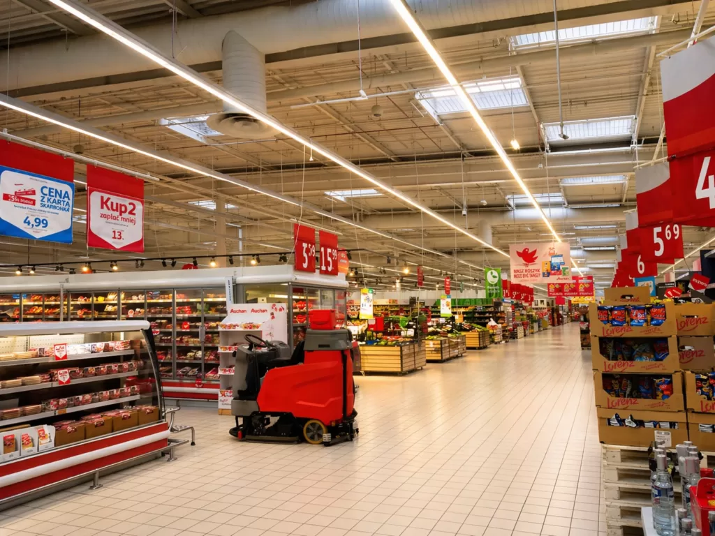 Гипермаркет Auchan в ТЦ Корона во Вроцлаве — внутренний зал с продуктами и торговыми рядами
