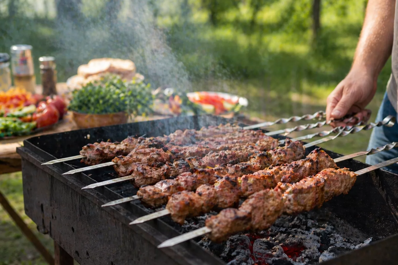 Grilling meat skewers over charcoal outdoors — cooking meat on a grill