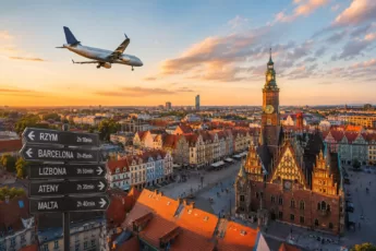 Panorama Wrocławia z samolotem na niebie symbolizująca współczesne podróże mieszkańców miasta