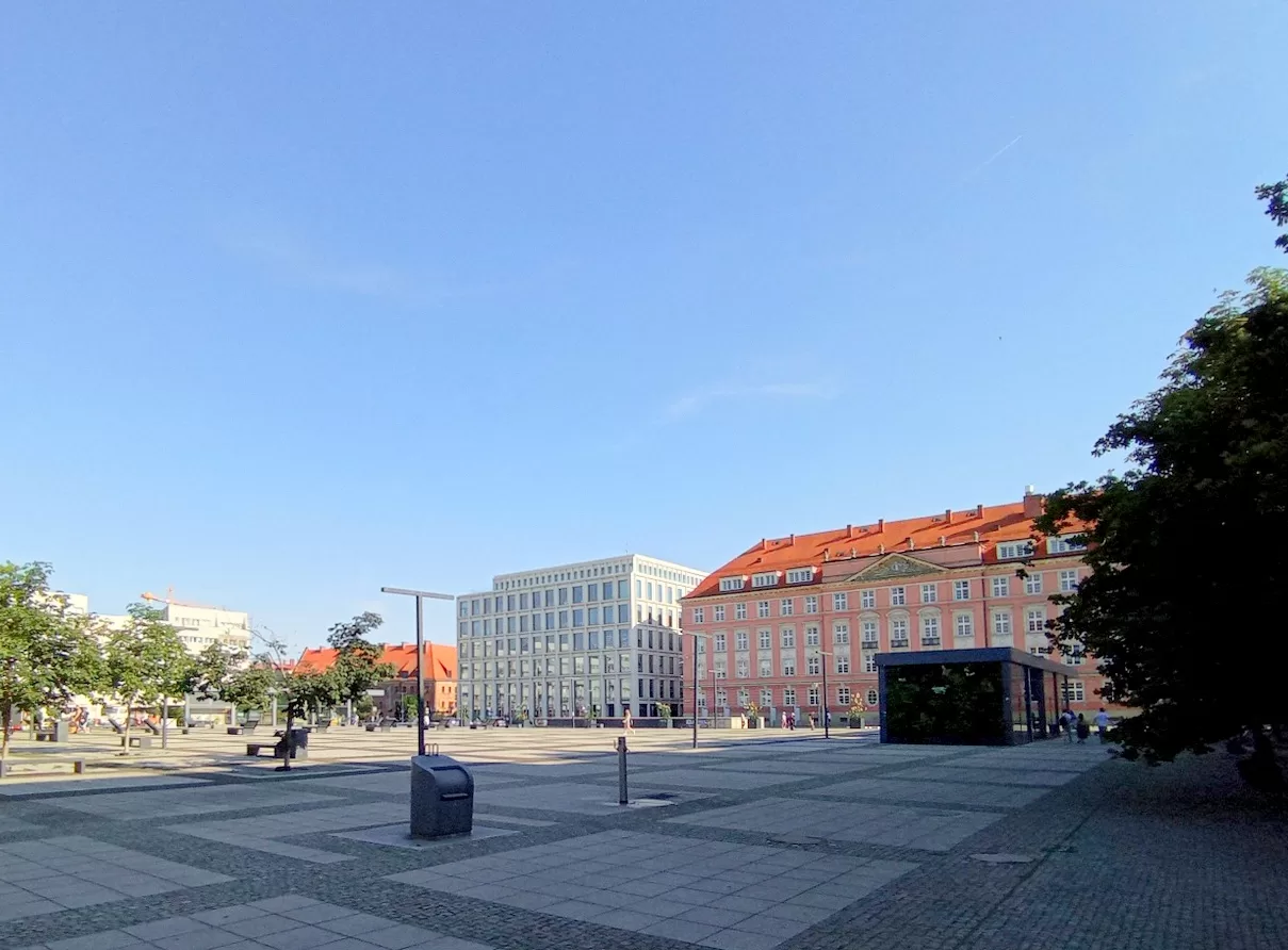Present-day Nowy Targ Square with postwar buildings